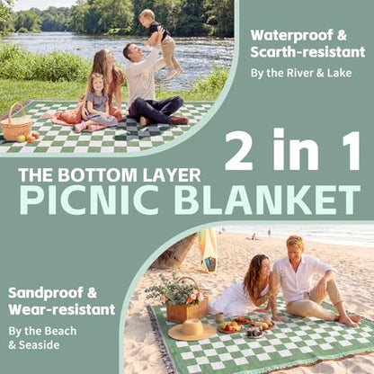 2 in 1 Extra Large Outdoor Rug Picnic Mat Woven Summer Throw Blanket Boho Giant Beach Travel Essential Yoga Accessories Park Patio Lawn Garden Grass Ground Play Music Festival Concert Must Have - color: Checkered Green