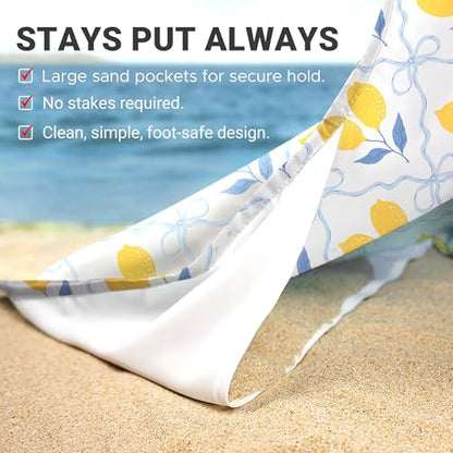 Sunlit Large Beach Blanket Waterproof Sand Proof, 81" x106" Sand Free Mat with Corner Pockets and Storage Bag, for Travel Beach Camping Outdoor Festival, Chic Summer Accent Lemon Lattice