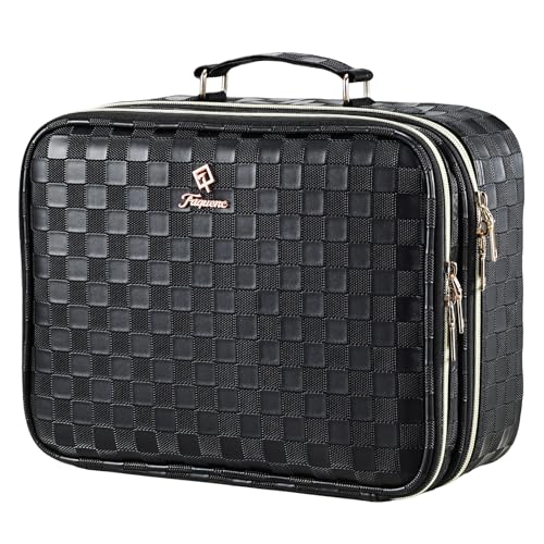 Makeup Bag with LED Lighted Mirror 12.2 IN Cosmetic Train Case Double Layer Makeup Case Adjustable Brightness in 3 Colors Cosmetic Organizer Artist Storage with Brush Holder Vanity Black Checkerboard - color: Black Checkerboard