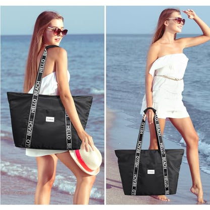 G4Free Beach Bag, Waterproof Beach Bags for Women, Personalized Strap Tote Bag for Women Birthday Gifts - color: Black