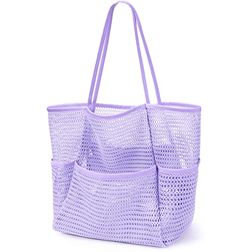 KPX Beach Bag with Mini Pocket, Summer Beach Tote Bags for Women Large Foldable Mesh Swimming Pool Travel Bags - Sandproof - color: Purple