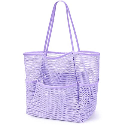 KPX Beach Bag with Mini Pocket, Summer Beach Tote Bags for Women Large Foldable Mesh Swimming Pool Travel Bags - Sandproof - color: Purple