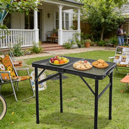 Gawerk Folding Portable Camping Grill Table, Lightweight Adjustable Height Metal Aluminum Picnic Table with Heat-Resistant Mesh Top for Outdoor, Barbeque, Camping & Travel, 24" x 16", Black