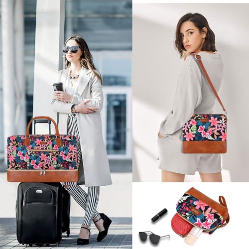 ITIEZY Weekender Overnight Bag for Women - Large Travel Duffel Bag with Shoe Compartment, Gym Duffel Bag Hospital Bag Carry On Tote Bags for Airplanes with Crossbody Bag Toiletry Bag 3Pcs Set - color: 9-Black Fower