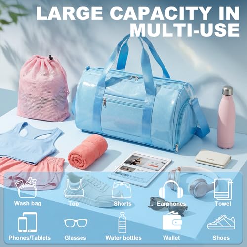 Gym Bag Sports Duffle Bag with Wet Pocket Weekender Overnight Bags with Waterproof Shoe Pouch and Air Hole for Girls Kids Women Workout Travel Bags (Blue) - color: Blue