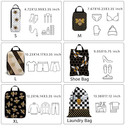 6 Pcs Compression Packing Cubes Waterproof Suitcase Travel Bag Luggage Backpack Organizer Travel Cubes for Packing-Black and Gold Bees - color: Black Bees