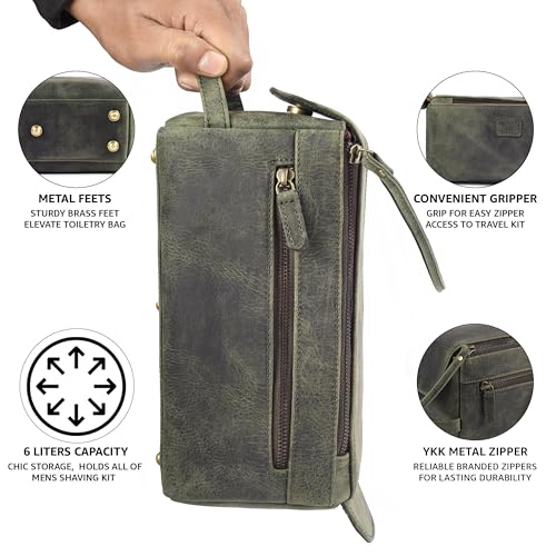 LEATHER VILLAGE Genuine Leather Travel Toiletry Bag - Water-Resistant Dopp Kit for Toiletries, Large Shaving Bag & Bathroom Organizer - Gift for Men & Women - Olive - color: Olive