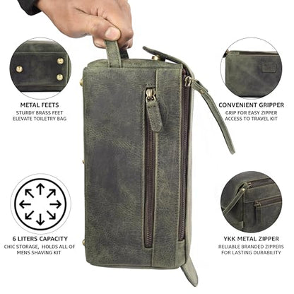 LEATHER VILLAGE Genuine Leather Travel Toiletry Bag - Water-Resistant Dopp Kit for Toiletries, Large Shaving Bag & Bathroom Organizer - Gift for Men & Women - Olive - color: Olive