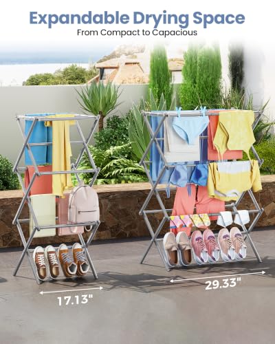 APEXCHASER Oversize Clothes Drying Rack, 3-Tier Drying Rack Clothing, Expandable Metal Laundry Drying Rack, Air Drying Rack, Clothes Rack, No Install, 24lb Capacity, 14.9" D x 29.3" W x 39.3" H, Grey - color: Gray