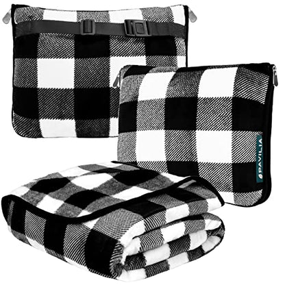 PAVILIA Travel Blanket Pillow, Soft Airplane Blanket 2-in-1 Combo Set, Plane Blanket Compact Packable, Flight Essentials Car Pillow, Travelers Gifts Accessories, Backpack Strap, 60x43 Checker White - color: Checker White