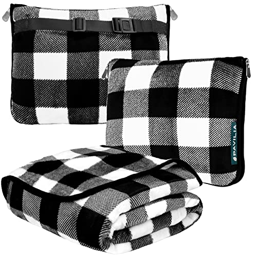 PAVILIA Travel Blanket Pillow, Soft Airplane Blanket 2-in-1 Combo Set, Plane Blanket Compact Packable, Flight Essentials Car Pillow, Travelers Gifts Accessories, Backpack Strap, 60x43 Checker White - color: Checker White