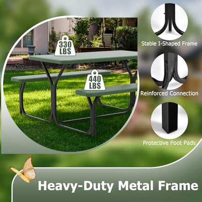 GYMAX Picnic Table, Picnic Bench Easy to Assemble w/All Weather Wood Grain Tabletop & Metal Frame, Picnic Tables for Outdoors Camping Backyard Deck Patio Poolside Dining Party - color: Green