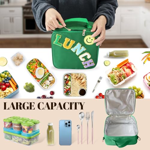 Insulated Lunch Bag With Adjustable Shoulder Strap, Nylon Preppy Lunch Box Large Insulated Lunch Bag Reusable Lunch Tote Bag with Smiley Preppy LunchBag for Girls School Travel Picnic (Dark green) - color: Dark Green