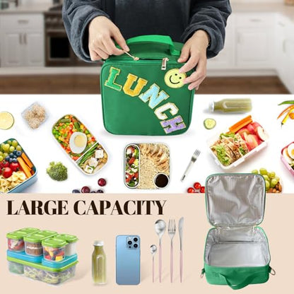 Insulated Lunch Bag With Adjustable Shoulder Strap, Nylon Preppy Lunch Box Large Insulated Lunch Bag Reusable Lunch Tote Bag with Smiley Preppy LunchBag for Girls School Travel Picnic (Dark green) - color: Dark Green