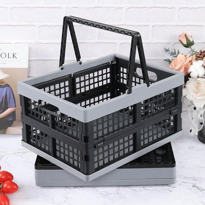 2 Packs Plastic Folding Storage Crate with Handle, 16 L | Collapsible, Shopping Basket