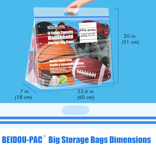 BEIDOU-PAC 10 Gallon Large Storage Bags with Handle, 50 Counts | Double Zipper Seal | Expandable Bottom, Resealable Clear zip Bags for Home, Travel, Moving Commercial and Outdoor - style: Zip-10 gallon-50