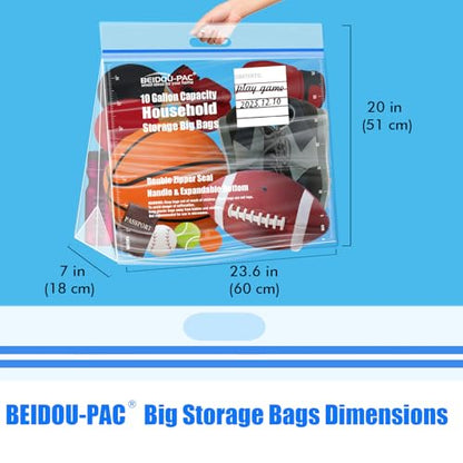 BEIDOU-PAC 10 Gallon Large Storage Bags with Handle, 50 Counts | Double Zipper Seal | Expandable Bottom, Resealable Clear zip Bags for Home, Travel, Moving Commercial and Outdoor - style: Zip-10 gallon-50