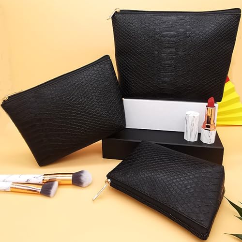 3 Pcs Makeup Bag Set for Women Black Soft Leather Travel Cosmetic Bag Make Up Pouch Small Travel Zipper Pouch,Water-resistant Makeup Organizer Bag for Women（Black） - color: Black