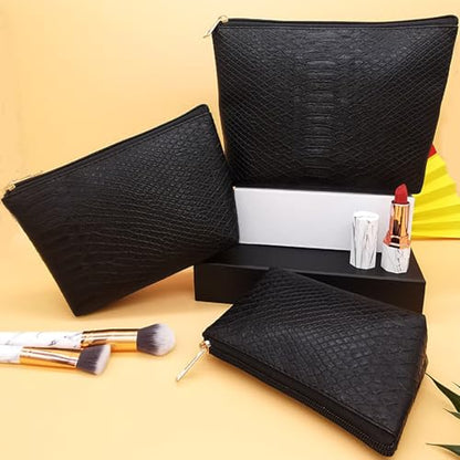 3 Pcs Makeup Bag Set for Women Black Soft Leather Travel Cosmetic Bag Make Up Pouch Small Travel Zipper Pouch,Water-resistant Makeup Organizer Bag for Women（Black） - color: Black