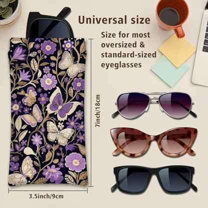 Eyeglasses Sunglasses Case PU Soft Squeeze Top Glasses Pouch for Women Men,Animal Pattern Portable Anti Scratch - color: Purple-butterflies