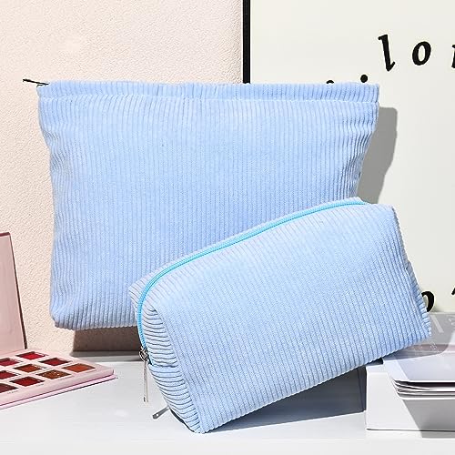 SOIDRAM 2 Pieces Makeup Bag Large Corduroy Cosmetic Bag Capacity Canvas Mix Travel Toiletry Bag Organizer Cute Makeup Brushes Aesthetic Accessories Storage Bag for Women, Corduroy Mix Blue - color: Corduroy Blue