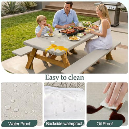 Picnic Table Cover with Bench Covers Camping Essentials Waterproof Windproof Camping Tablecloth with Drawstring Bag, Fitted Rectangle Tables and Seats, 72in, Beige Linen Texture - color: Beige Linen Texture, size: 72in