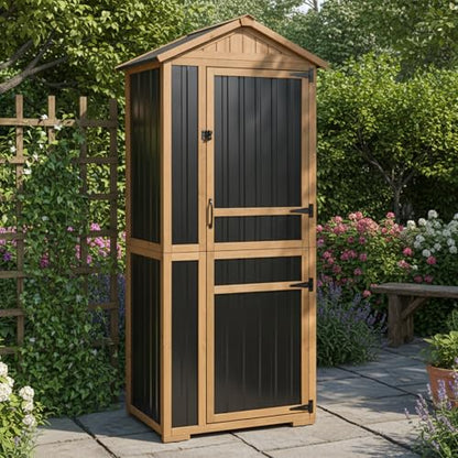 Outdoor Storage Cabinet with Lockable Doors, Wood & Metal Garden Shed, Weatherproof Patio Storage with Adjustable Shelf for Tools, Patio & Backyard Organizer - size: Deep 29.5" Lx 21.5"Wx 75.2"H
