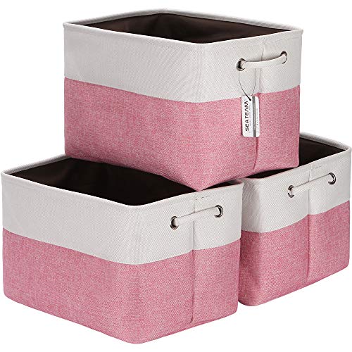 Sea Team 3-Pack Large Storage Basket Set, Trunk Organizer, Clothes Toys Bin, 15 x 10 x 10 Inches, Big Rectangular Canvas Fabric Collapsible Shelf Box with Handles for Kids Room (Pink/White) - color: Pink/White, size: Medium/15 x 10 x 10"