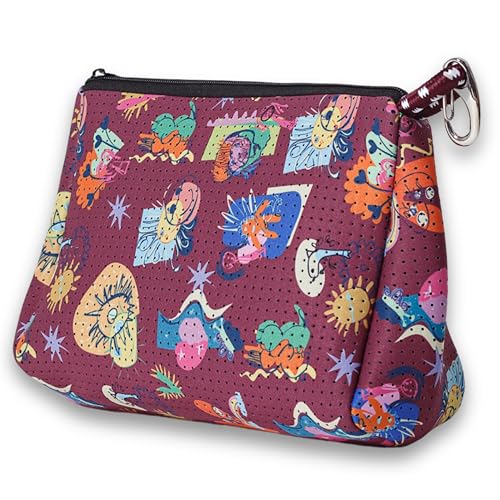 POPUPS Large Makeup Bag with Zipper - Waterproof Neoprene Cosmetic Bag 7.7 x 10.75 x 5 inches - color: Print Construyendo Futuros-Burgundy