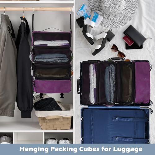 Surblue Hanging Travel Organizer Portable Hanging Luggage Organizer Multiple Compartments Collapsible Compression Closet Packing Cubes,Purple,M - color: Purple, size: Medium