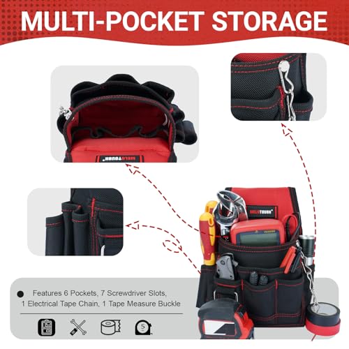 MELOTOUGH Electrician Tool Pouch Tool Belt Pouches Multiple Pockets Tool Organizer for Technician, Maintenance, HVAC - color: Red, size: Small Electrician Pouch