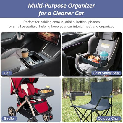 Car Seat Snack Tray for Kids, Mess-Free Square Travel Tray Cup Holder Snack Tray, Durable Car Food Tray for Toddlers, Universal Fit Kids Travel Road Trip Essentials (1, Dark Grey) - color: dark grey