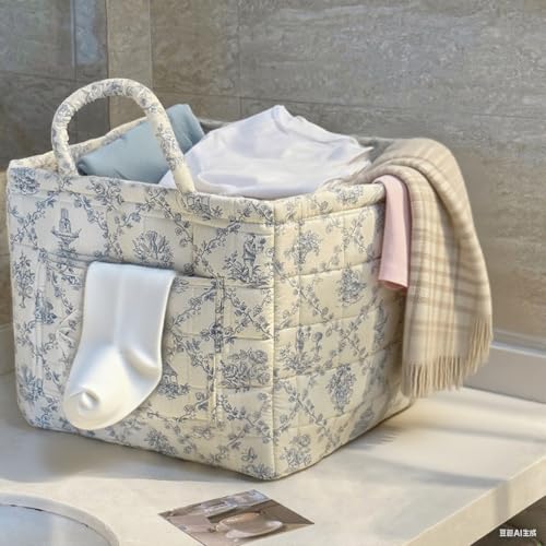 Foldable Laundry Basket Boho Bear Storage Basket Floral Quilted Fabric Car Storage Basket Handles Large Laundry Baskets for Clothes and Dolls - color: Blue