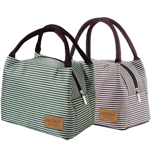 2PCS Lunch Bags Reusable Lunch Tote Bags Portable Lunch Cooler Bag Lunch Holder Insulated Lunch Box Bag for Picnic Office Beach (Brown+Green) - color: Brown+Green