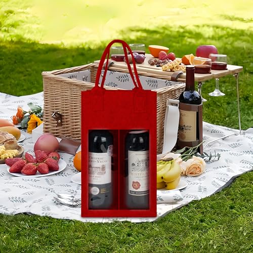 Felt 2-Compartment Wine Bottle Carrier Bag with Handle, Reusable Travel Wine Carry Bag (Red)