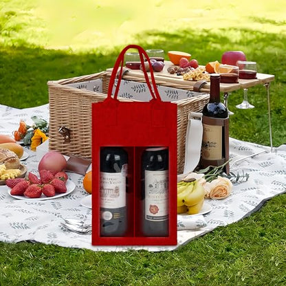 Felt 2-Compartment Wine Bottle Carrier Bag with Handle, Reusable Travel Wine Carry Bag (Red)
