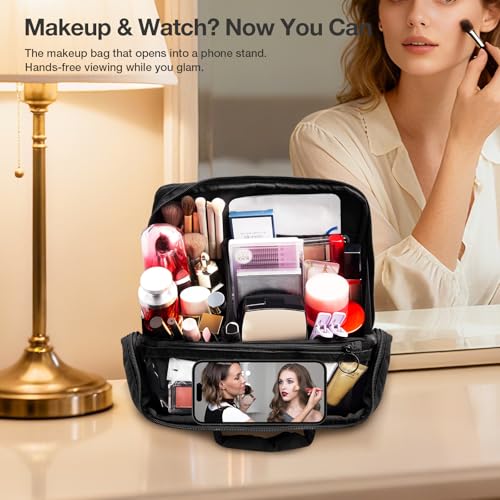 Abiudeng Standing Travel Makeup Bag Stand up Make up Bag Travel Toiletry Bag with Multiple Compartments Large Capacity for Women Business Trips Fitness and Daily Commutes (Black) - color: Blcack