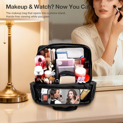 Abiudeng Standing Travel Makeup Bag Stand up Make up Bag Travel Toiletry Bag with Multiple Compartments Large Capacity for Women Business Trips Fitness and Daily Commutes (Black) - color: Blcack