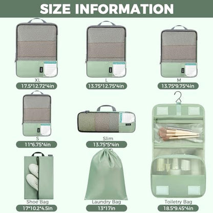 BAGAIL 4 Set/6 Set/8 Set Compression Packing Cubes Travel Accessories Expandable Packing Organizers(HalfMesh, 8-MatchaGreen) - color: 8-Matcha Green, style: Half Mesh