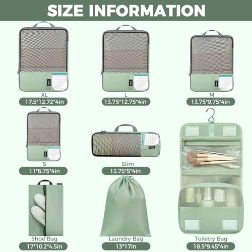 BAGAIL 4 Set/6 Set/8 Set Compression Packing Cubes Travel Accessories Expandable Packing Organizers(HalfMesh, 8-MatchaGreen) - color: 8-Matcha Green, style: Half Mesh