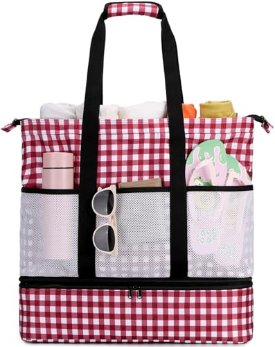 JIANYA Beach Bag Women Waterproof Sandproof Beach Tote Bags with Cooler Top Zipper Large Totes for Pool Travel Daily - color: Red Checked Pattern
