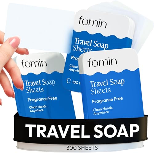 FOMIN - Paper Soap Sheets for Traveling - 300 Unscented Portable Hand Soap Sheets for Travel in Tin - Dissolvable Mini Portable Travel Soap Sheet for Hand Washing, Camping and Hiking - color: Unscented (Pack of 3)