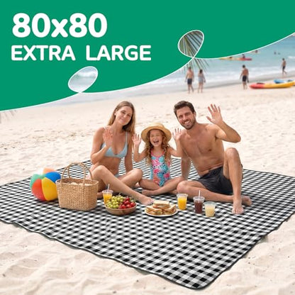 Waterproof Beach Blanket Picnic Camping Mat Rug Extra Large Portable Umbrella Wagon Folding Pop Tent Sun Shelter Shade Canopy Ball Cart Anchor Fan Mesh Rubber Bag Tote Toallas Manta de Playa - color: Plaid Black