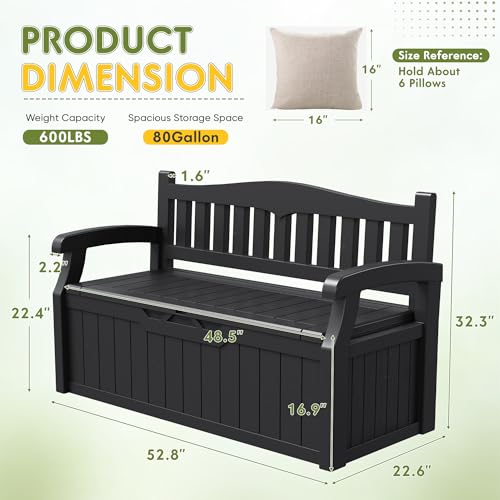Greesum 80 Gallon Deck Box Storage Bench, Patio Furniture, Lockable, Waterproof and UV Resistant,with Armrest, Suitable for Garden, Porch, Poolside, Dark Black - color: Dark Black, style: 80 Gallon