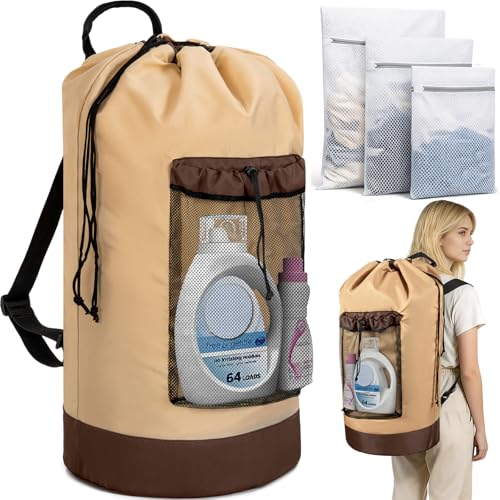 150L Laundry Bag Backpack with 3 Sizes Mesh Wash Bags and Shoulder Straps Foldable Clothes Hamper Bag with Drawstring Closure for College, Apartment, Laundromat(Khaki) - color: Khaki