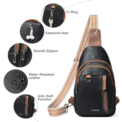 LATMAP 7L Sling Bag for Women Men Leather Small Sling Backpack Daypack Anti Theft Fanny Pack Crossbody Purse Travel - color: Regular Size-black With Brown