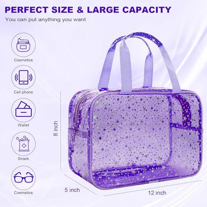 Clear Purple Star Large Makeup Bag with Star Pattern 12x5x8 inch, Travel Cosmetic Bag with Handle, Durable PVC Material Washbag Zipper Opening Design for Makeup Travel Organizer or Gym Use - color: Purple, style: Star