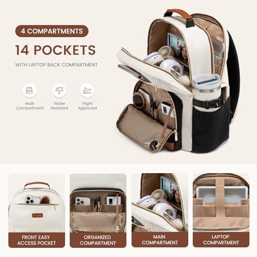 LOVEVOOK Laptop Backpack for Women with Pouch Pocket for Large Capacity Cup,18 Inch Teacher Nurse College Work Travel Backpack Purse,Waterproof Laptop Computer Bags,Beige-Black-Brown+Diamond-shaped - color: Beige - Black - Chestnut Brown + Diamond-shaped,