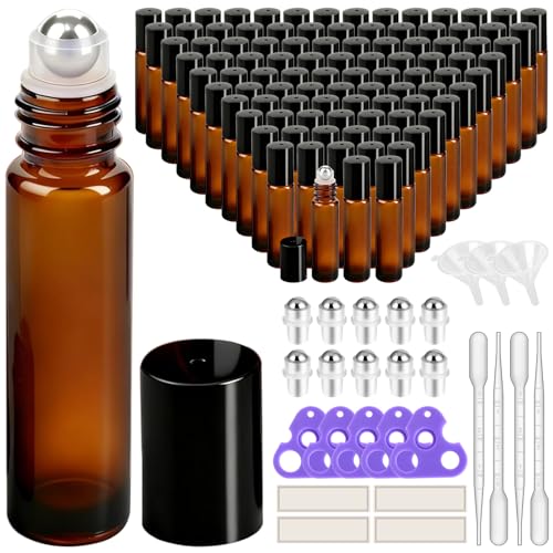 PrettyCare Set of 120, Bulk 10 ml Essential Oil Roller Bottles with Stainless Steel Roller Ball - Refillable Leak-proof Empty Thick Amber Glass Roll on Bottles with Black Caps for Travel, Perfume - color: Amber with Black Cap, size: 120 Pack