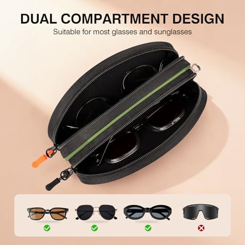 Marvolia Double Glasses Case Large Soft Eyeglass Case for Women Men Portable Zipper Sunglasses Pouch with Keychain Clip - color: Green